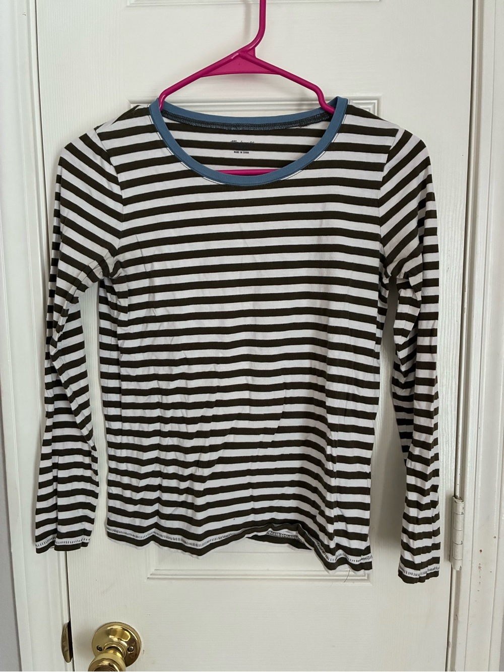 Madewell Black and White Striped Long Sleeve Tee with Blue Trim